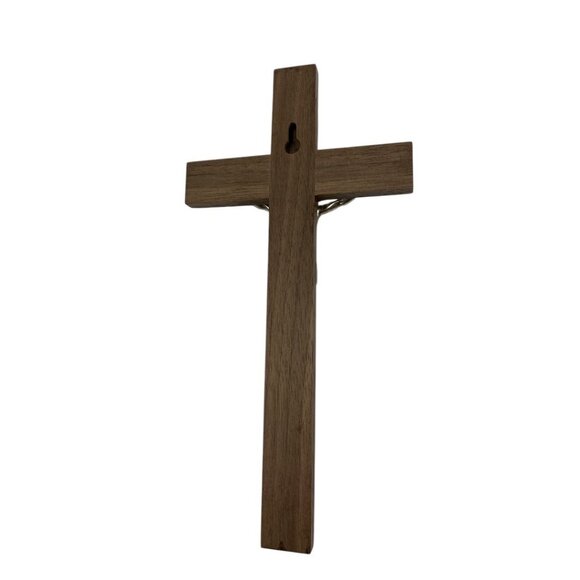 Mcvan Walnut Wood Wall Crucifix Cross 10" Beveled Edges Silvertone Corpus USA - Picture 2 of 7
